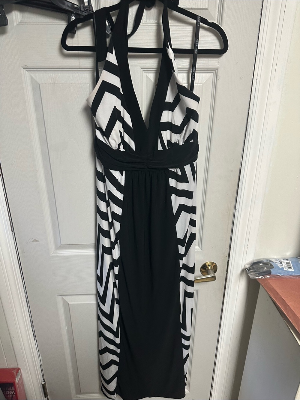 Bisou Bisou Black and White Striped Halter Maxi Dress